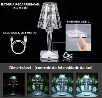 Lámpara de cristal LED recargable con entrada USB-C y control de intensidad de luz.