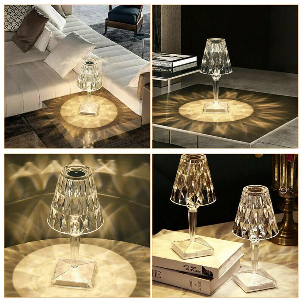 Lámpara cristal LED recargable iluminando elegante espacio moderno.