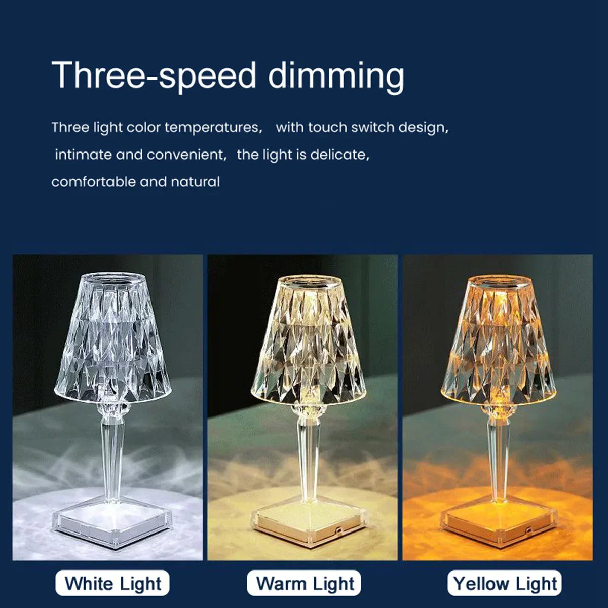 Lámpara cristal LED recargable con atenuación de tres velocidades y temperaturas de luz ajustables.