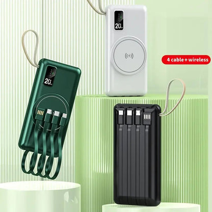 Power bank con carga inalámbrica y cables